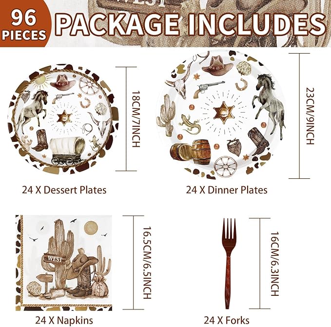96Pcs Western Cowboy Party Supplies 350 GSM Wild West Cowboy Plates and Napkins Tableware Sets Western Cowboy Party Decorations for Western Rodeo Cowboy Birthday Baby Shower Party Favors, Serves 24 ﻿