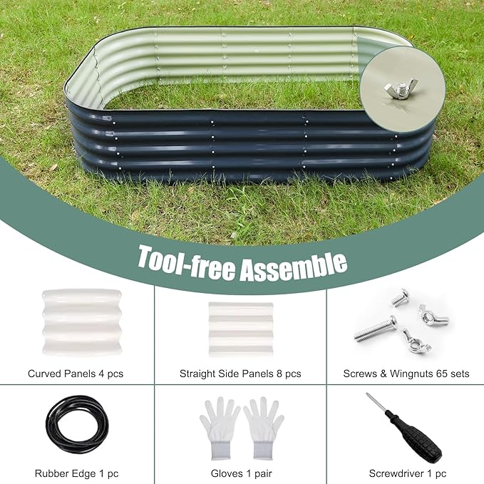 2Pcs Galvanized Steel Raised Garden Bed 8x2ft Oval - 17" Tall 9-in-1 Modular Planter Box for Vegetables/Flowers, Rust-Proof Metal Outdoor Planters Rubber Edging (Grey)
