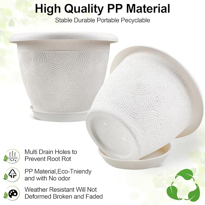 Plastic Flower Pots Planters for Indoor Plants, 3 Pack 10 Inch White Plant Pots with Drainage Hole & Tray, Modern Decorative Large Plant Pot with Saucer for Indoor Outdoor Plants Garden House Planter