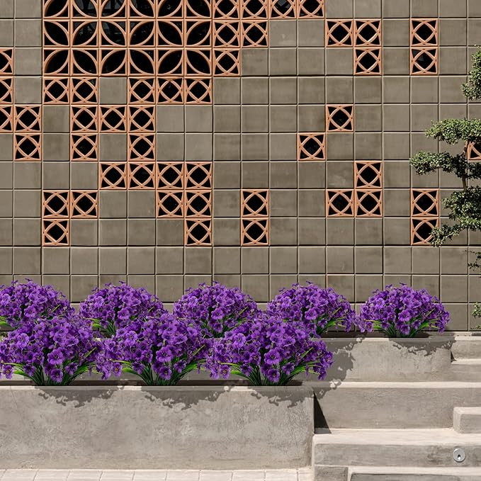 15 Bundles Artificial Flowers Outdoor UV Resistant Fake Silk Plants Plastic Faux Shrubs Outside Front Porch Window Box Garden Home Hanging Planter Decoration (Purple)