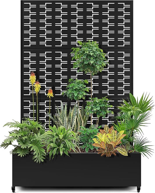 15.7"×70.9"×47.2" Metal Raised Garden Bed with Trellis and Wheels - Tall Trellis Planter Box for Climbing Plants, Vegetables & Vines - Outdoor Privacy Planters for Patio (Black-Brick)
