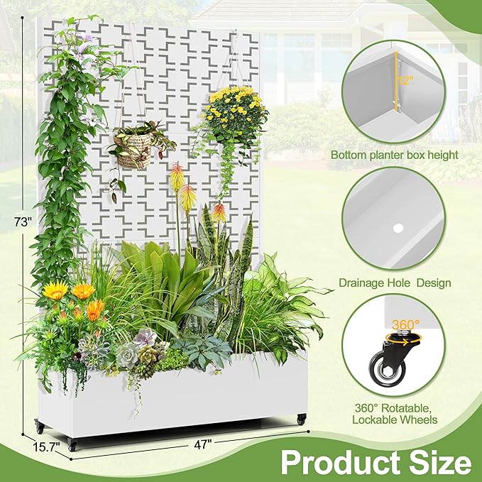 Raised Garden Bed with Trellis and Wheels,73"x47"x16" Metal Raised Garden Bed,White Squared Metal Planter with Climbing Trellis for Vines & Vegetables