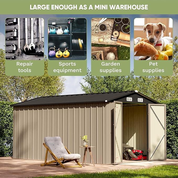 Patiowell 8 x 12 FT Metal Storage Shed for Outdoor, Steel Yard Shed with Design of Lockable Doors, Utility and Tool Storage for Garden, Backyard, Patio, Outside Use, Brown