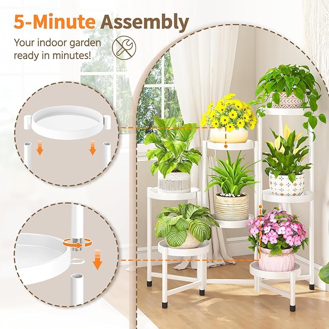 LASZOLA 7 Tiered Folding Plant Stand Indoor for Multiple Large Planter, Tall Heavy Duty Adjustable Rack with Rust Proof 10 Inch Wide Tray, Sturdy Vertical Tree Organizer for Narrow Inside Floor, White