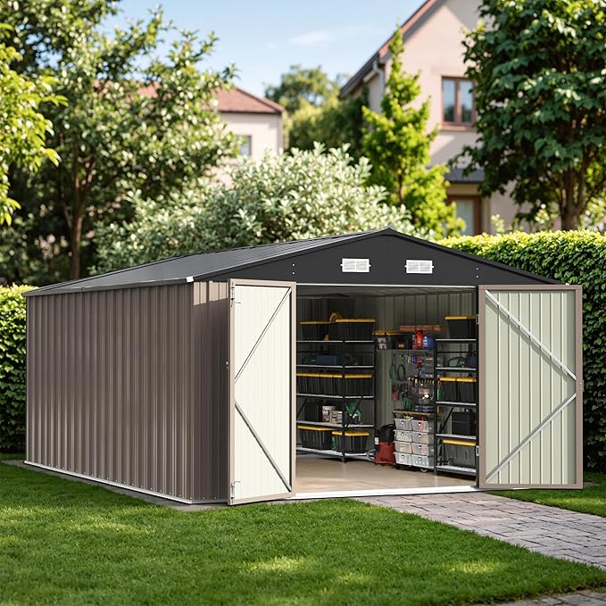 Patiowell 10x14 FT Outdoor Storage Shed, Large Metal Garden Shed with Lockable Door and Sloping Roof, Outside Steel Utility Tool Sheds for Backyard Lawn Garden Patio, Brown