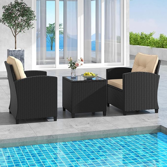 HAPPYGRILL 3 Pieces Wicker Patio Conversation Set, PE Rattan Bistro Sofa Set with Tempered Glass Coffee Table, Washable Cushions, Outdoor Furniture Set for Garden Poolside Balcony (Beige)