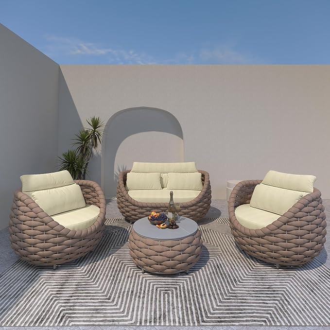 5 Pieces Patio Furniture Set, Outdoor Rope Conversation Sectional Patio Sofa with 5 Seater for Backyard, Porch, Modern Armchairs with Thickness Cushions and Side Table, Light Brown