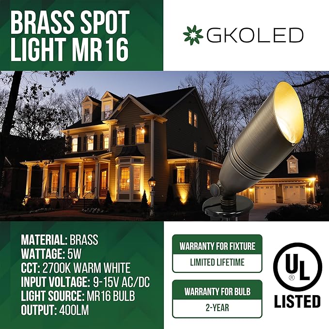 GKOLED UL Listed Solid Brass Landscape Spotlight, Low Voltage Outdoor Directional Uplight, with 5W MR16 LED Bulb & Large Rugged Slot Spike, 12V AC/DC Garden Patio Spot Up Light