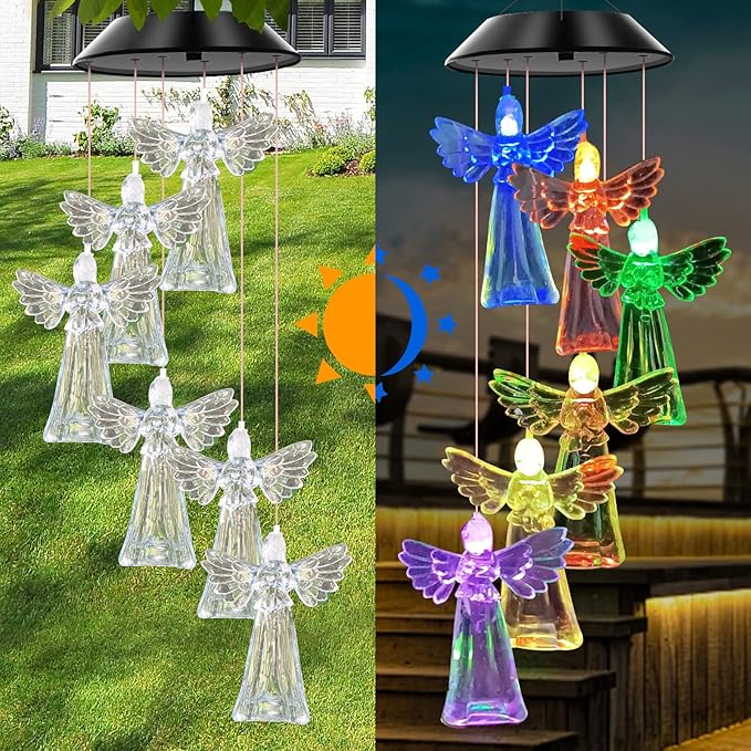 Solar Wind Chimes Outdoor Color Changing Lights, Gift for Women Mom Grandma Sister Best Gifts, Wind Chimes Unique Outdoor Garden Yard Decor (Angel)