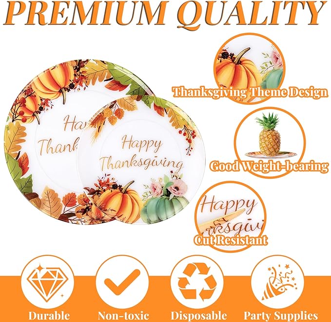 60PCS Thanksgiving Plastic Plates - Heavy Duty Fall Plastic Plate - Fancy Pumpkin Disposable Plates Include 30 Dinner & 30 Dessert Plate for Autumn Friendsgiving Harvest Party Decor