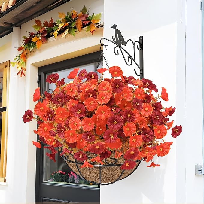 2 Set Artificial Hanging Flowers Plants Basket for Outdoors Fall Decorations, 24 Pcs UV Resistant Faux Morning Glory Fake Petunias with 2 Hanging Planter for Home Porch Balcony Garden Decor
