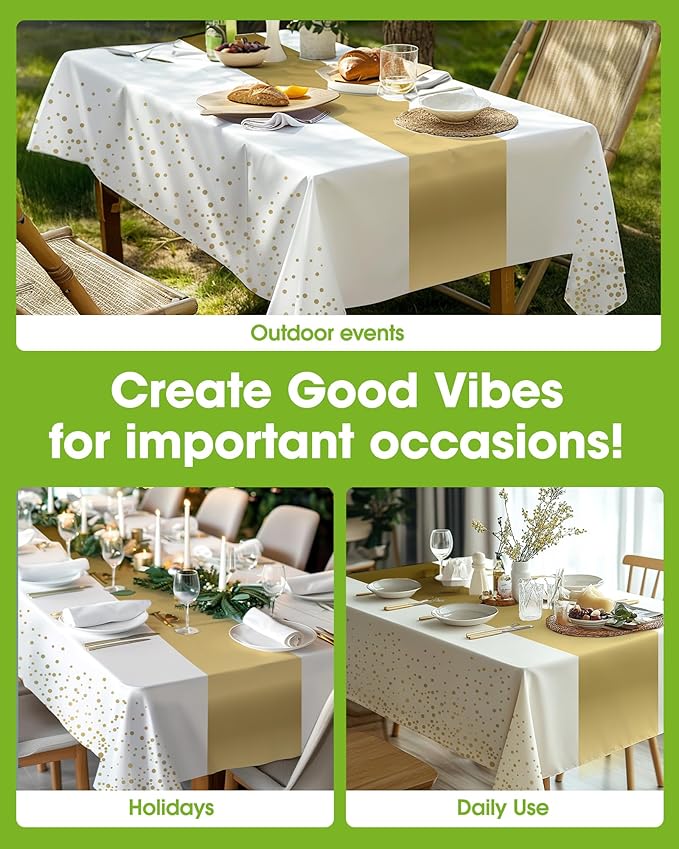 Pureegg Plastic Table Cloth Disposable 8 Pack, 54 x 108 Inch, Table Runner Style, Graduation Decorations 2025, Party Tablecloths, Rectangle, Plastic Cover, Leakproof & Sturdy, White Gold