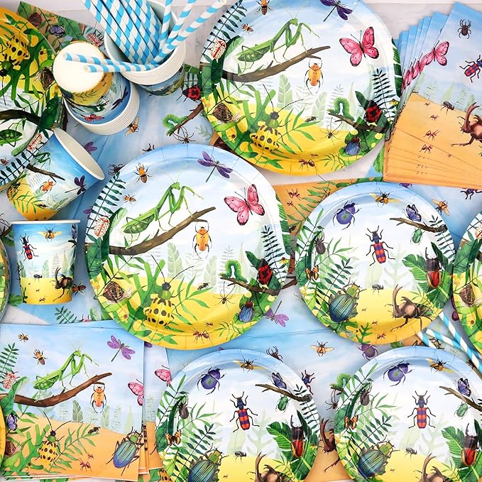 Insect Party Supplies - Bugs Party Tableware - Dinner Plates Desserts Plates Cups Napkins Bugs Insect Tablecover Straws for Class Office Garden Reptile Baby Shower Decorations, Serves 40