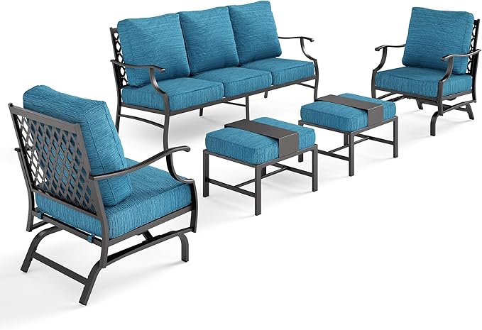 7 Piece Metal Outdoor Patio Furniture Sets, Patio Conversation Sets 3-Seater Sofa, 2 Rocking Chair, 2 Ottomans with 5.75" Thick Cushion, All-Weather Frame Backyard Furniture, Blue-2