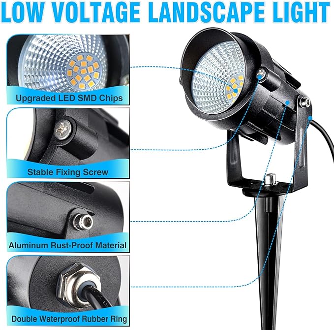 Low Voltage Landscape Lighting with Connectors, 7W LED Landscape Lights AC/DC 12V-24V IP67 Waterproof 3000K Warm White Spotlights for Garden Tree Yard Pathway, 2 Pack