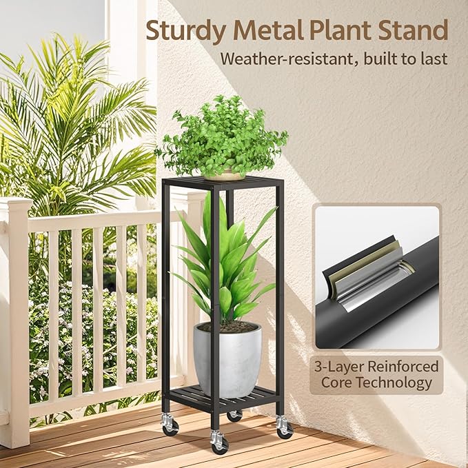 LASZOLA 2 Tier Black Metal Plant Stand Indoor Outdoor with Wheel for Large Planter, Modern Heavy Duty Tall Rolling Rack for Corner House Bathroom Patio Floor, Iron Flower Shelf Holder for Orchid Fern
