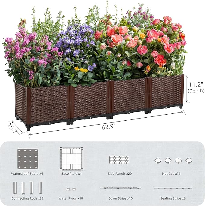 Raised Garden Beds Outdoor Self-Watering, Large Garden Planter Box With Drain Outlet, Elevated Rectangular Raised Beds for Gardening Vegetables Flowers Above Ground Garden Planters, 62.9"x15.7"x14.2"