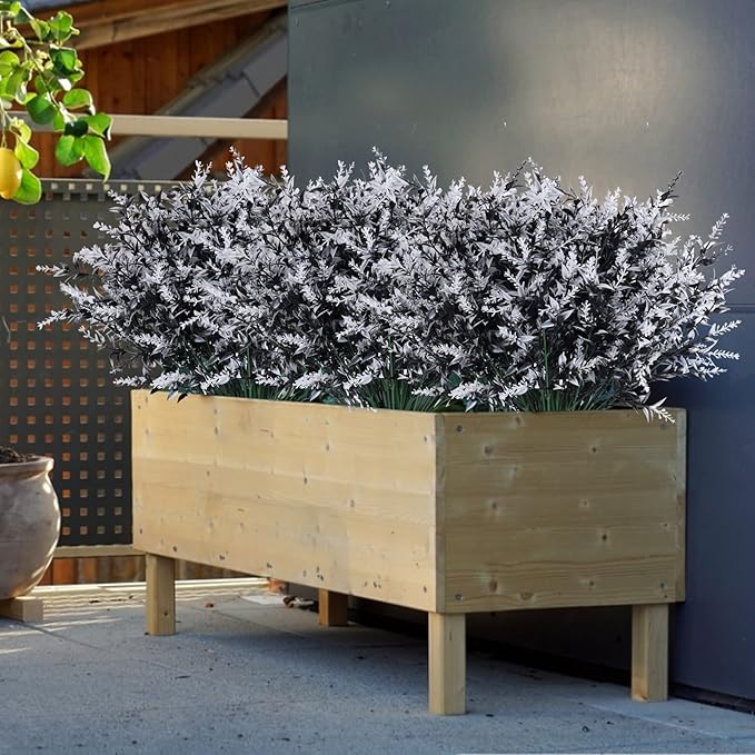 RECUTMS Black Flower,Black Fake Plants Decor,20 Bundles Artificial Flowers Fake Outdoor Plants Faux UV Resistant Lavender Flower Plastic Shrubs Indoor Outside Hanging Decorations (Black+White)