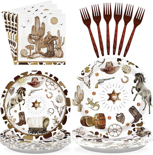 96Pcs Western Cowboy Party Supplies 350 GSM Wild West Cowboy Plates and Napkins Tableware Sets Western Cowboy Party Decorations for Western Rodeo Cowboy Birthday Baby Shower Party Favors, Serves 24 ﻿
