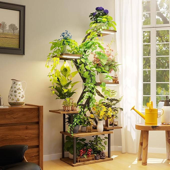 Black Plant Shelves with Grow Lights: 7-Tier 65" Tall Stand for Indoor Corners, Living Room Display or Bedroom Gardening Rack