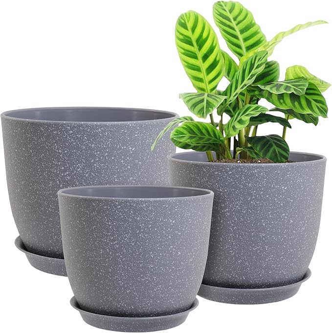 Modern Plant Pots Set, 9/8/7.5 inch Plastic Planters for Indoor Plants, Stylish Flower Pots with Drainage Holes and Saucers for House Plants and Flowers, Grey Speckles