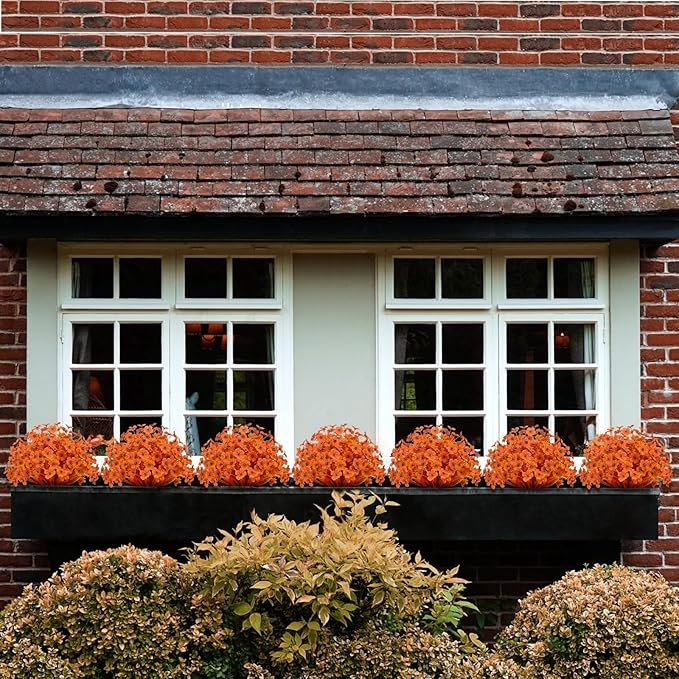 15 Bundles Artificial Flowers UV Resistant Outdoor Plants No Fade Faux Plastic Shrubs Fake Silk Flowers Window Box Garden Porch Home Decoration(Deep Autumn Orange)