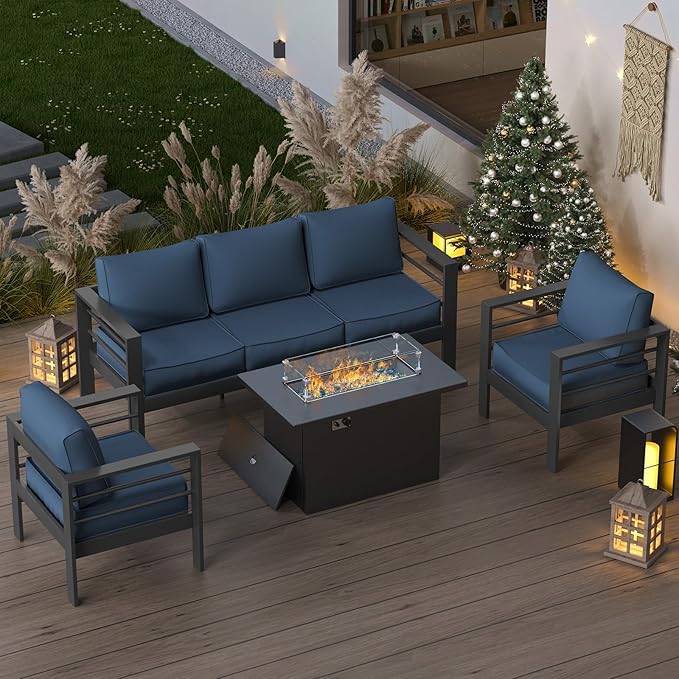 Patio Furniture Set with Fire Pit Table, Aluminum Patio Furniture Set,Grey and Blue Outdoor Metal Sectional Sofa with Aluminum Fire Pit Table for Garden Backyard (Include Waterproof Cover)