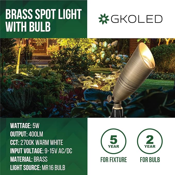 GKOLED Brass LED Outdoor Landscape Spotlights, 12V Low Voltage Spot Light, Waterproof Landscape Lights, Uplighting for Garden, Yard, Antique Bronze Accent Lighting Fixture with MR16 Bulb, 12 Pack