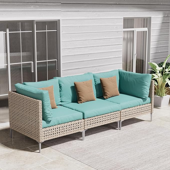 Grand patio 3-Piece Wicker Patio Furniture Set, Boho Outdoor Conversation Set Sectional Sofa with Water Resistant Thick Cushions and Coffee Table, Blue