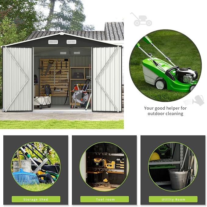 Aoxun 10 x 8FT Outdoor Storage Shed with Double Hinged Large Door Utility Garden Shed with Lockable Door & Sloped Roof Metal Sheds Outdoor Storage for Garden, Backyard, Patio and Backyard, Black