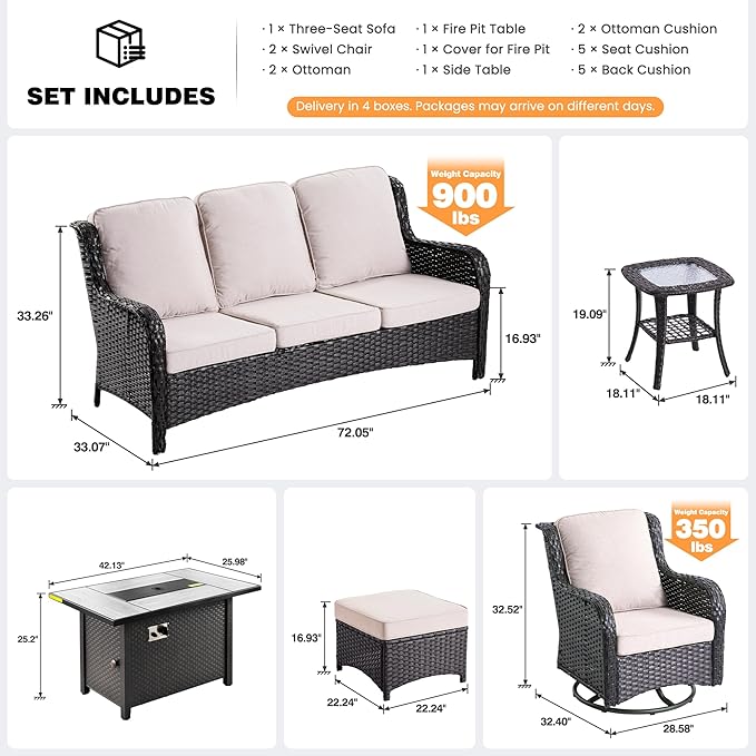 ovios 7 Pieces Patio Furniture Set, Outdoor Wicker Sofa Couch with Swivel Chairs 42" Fire Pit Table, All Weather High Back Modern Conversation Sets, Brown Rattan, Beige