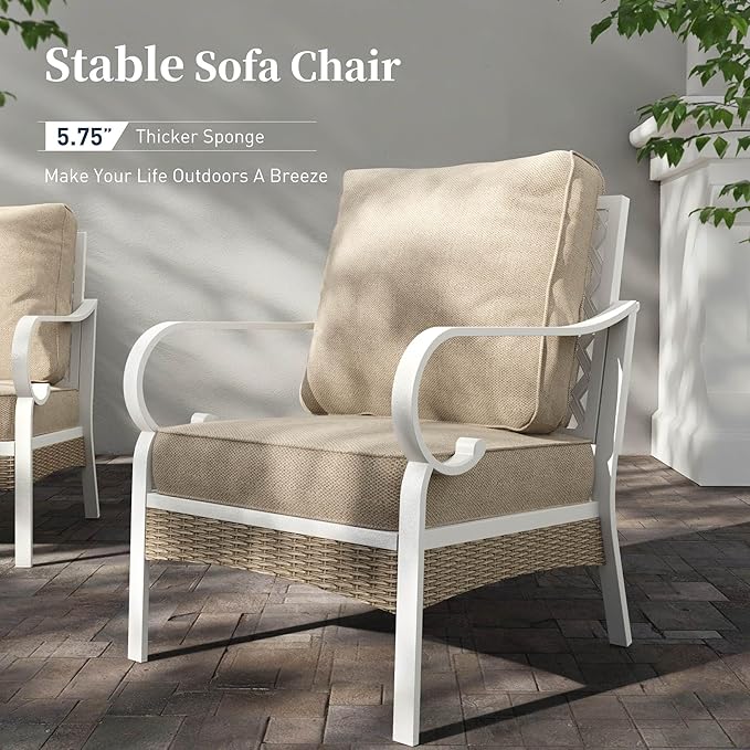 6 Piece Metal Outdoor Patio Furniture Set, Patio Conversation Set 1 3-Seater Sofa, 2-Seater Sofa, 2 Fixed Chair with 5.75" Thick Cushion & Coffee Table White Backyard Furniture, Beige