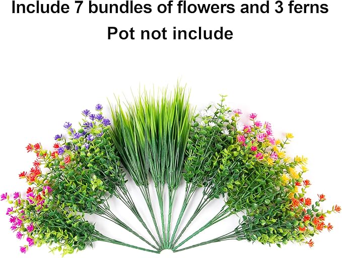 Ivydale Artificial Flowers Plants for Outdoors Decoration, 10 Bundles Fake Plastic Colorful Flowers with Ferns UV Resistant Faux Greenery Bushes Shrubs for Home Porch Patio Garden
