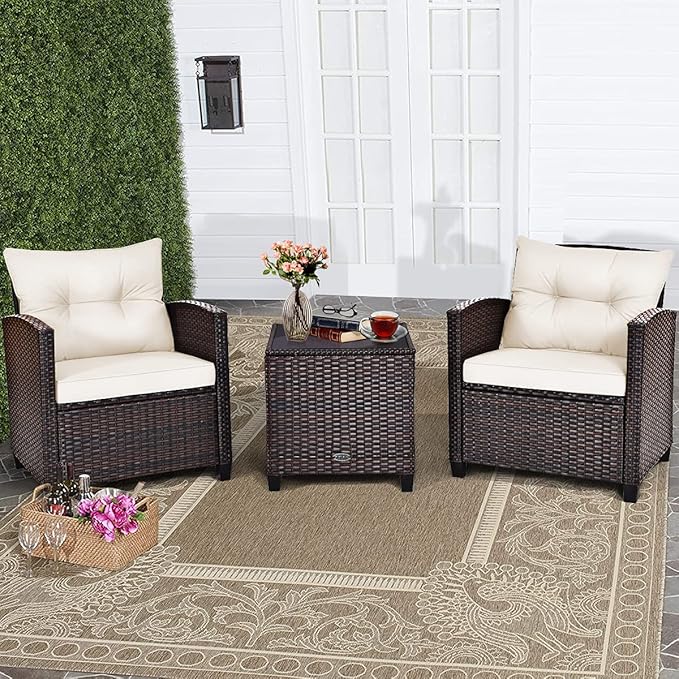 HAPPYGRILL 3 Pieces Patio Conversation Set, Outdoor Furniture Set PE Rattan Sofa Set with Removable Cushions, PE Wicker Chairs with Tempered Glass Side Table for Porch Lawn Garden Balcony Backyard