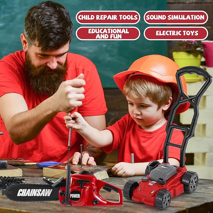 2 Pcs Toy Gardening Tool Set for Kids Toy Chainsaw, Push Lawn Mower Battery Powered Gardening Tool Set with Lights and Sounds Gift for Boys Girls