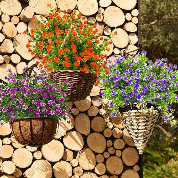 Artificial Flowers, Fake Outdoor UV Resistant Plants Faux Plastic Greenery Shrubs Indoor Outside Hanging Planter Home Kitchen Office Wedding, Garden Decor (Orange Red)