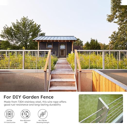 1/8 Inch Stainless Steel Cable Kit 100FT, 7 x 7 Strand Wire Rope with Aluminium Sleeves & Thimbles for Deck Railing, String Light Hanging, Shade Sail, Garden and DIY Projects