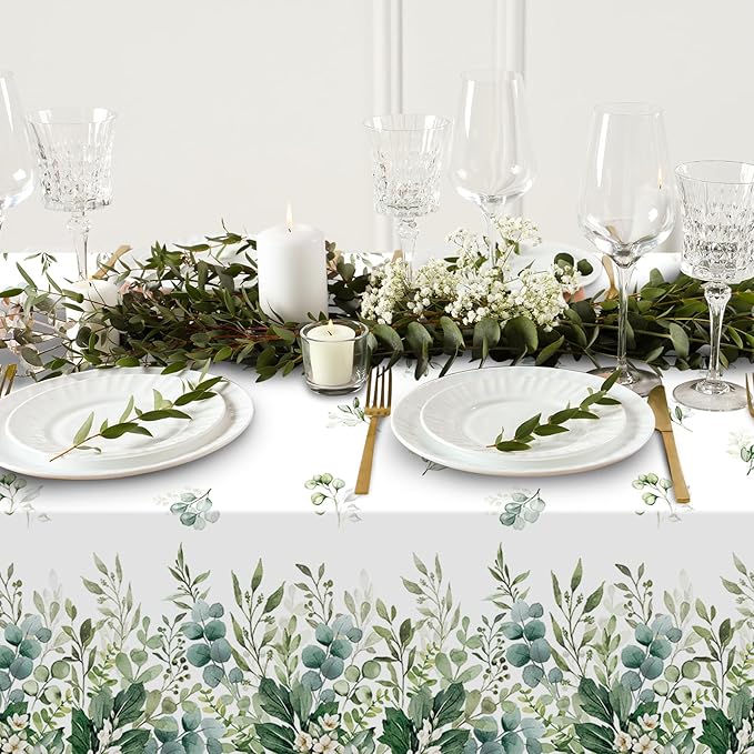6 Pack Spring Sage Green Baby Shower Plastic Tablecloth, Eucalyptus Leaf Disposable Table Cover, Summer Rectangle Table Cloth for Bridal Baby Shower Birthday Wedding Party Decorations, 54x108 Inch
