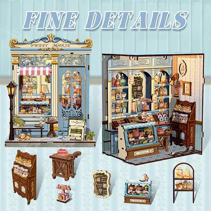 Fsolis Book Nook Kit - DIY Miniature House Kit 3D Puzzles for Adults and Beginners, 242 pcs, Booknook Bakery Bookshelf Decor Tiny House Gifts for Women Teenagers Book Lovers (Sweet Marie)