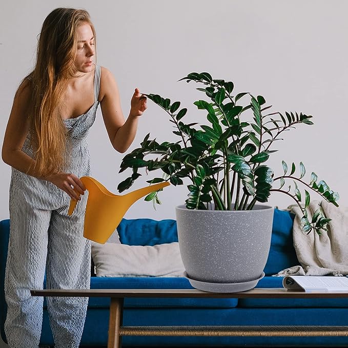 WOUSIWER Plant Pots 10/9/8 inch, Set of 3 Modern Decorative Plastic Planters with Drainage Holes and Saucers for House Plants Indoor Flowers Plants, Grey Speckles