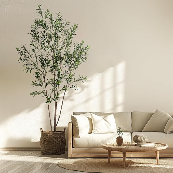 8FT Artificial Olive Tree Tall Faux Silk Plant Tall Faux Olive Tree with Natural Wood Trunk & Lifelike Fruits Fake Potted Tree or Home Office Decor