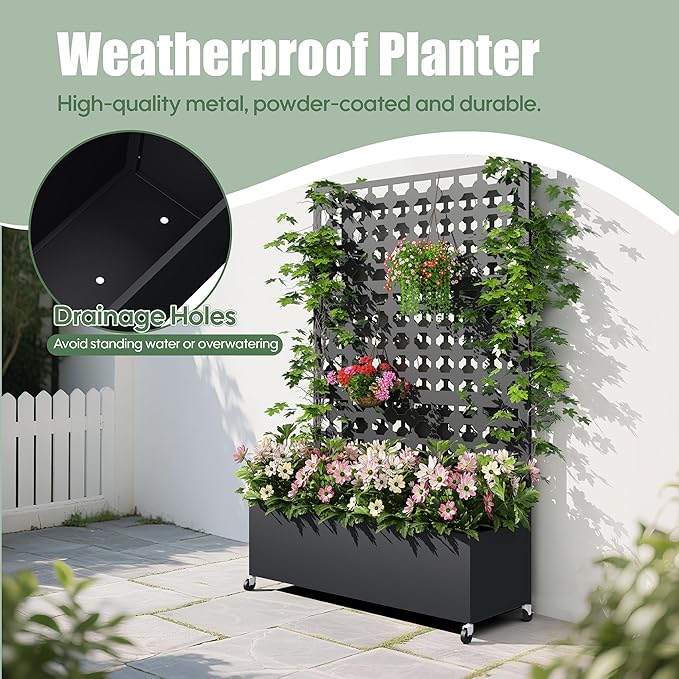 Metal Planter Box with Trellis Privacy Screen, Raised Garden Bed with Dots Trellis & Wheels, Privacy Planters for Patio, Planter Box for Climbing Plants, Flower, 73"x 47"x 16", Black