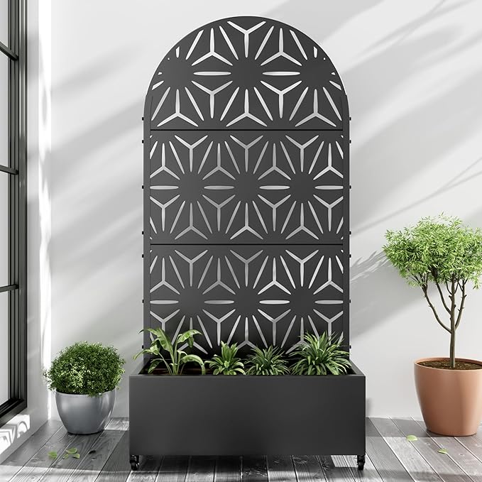 Casaphoria Metal Raised Garden Bed with Trellis and Wheels, 72"x35"x16" Arched Planter Box for Climbing Plants, Vegetables & Vines, Features Drainage Holes and Privacy Screen (Black-Star)