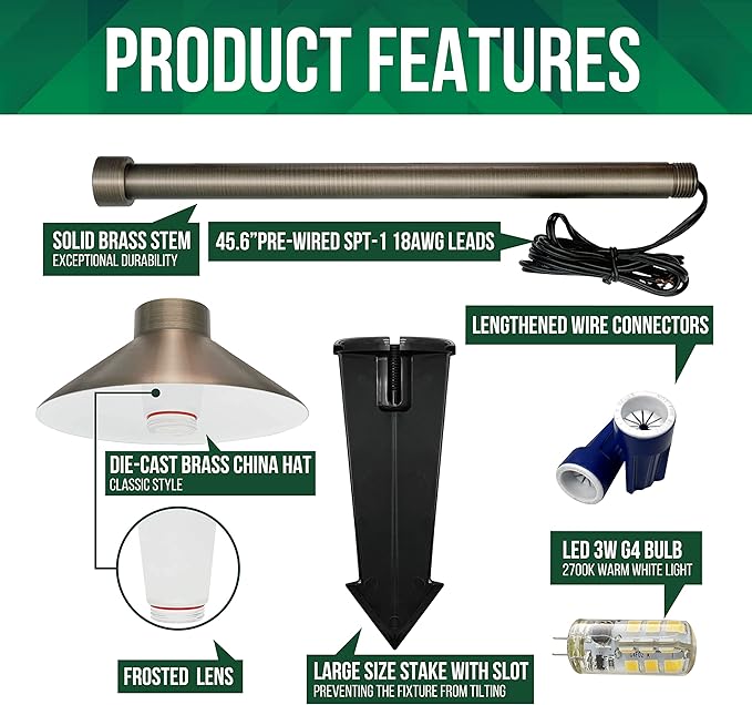 GKOLED Solid Brass Pathway Lights, Low Voltage LED Landscape Path Light, Outdoor Waterproof Accent Lighting, 12V AC/DC, 2700K Warm White, with 3W G4 LED Bulb & Large Rugged Slot Spike, 20 Pack