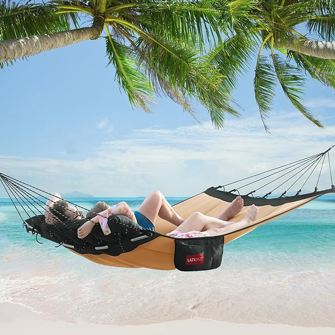 Lazy Daze Hammocks 12 FT Quilted Fabric Hammock with Curved Aluminium Spreaders Bar, Outside Double Thickened Hammock with Soft Pillow, Side Pocket 450 Lbs Capacity for Patio, Poolside, Khaki