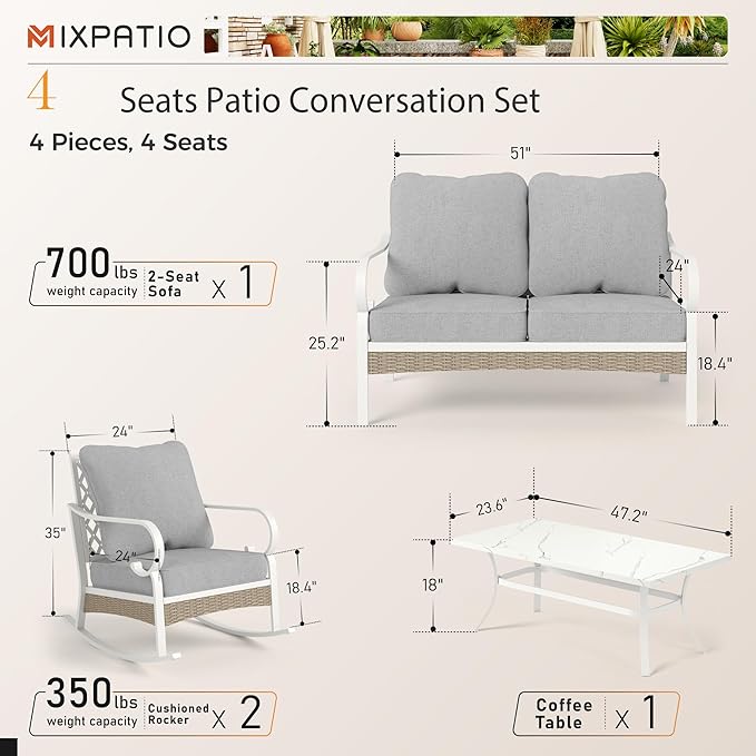 4 Piece Patio Furniture Set, 2 x Rocking Chair, 1 x 2-Seat Sofa with Marbling Coffee Table, 4 Seats Outdoor Conversation Set for Lawn Garden Backyard, Light Gray