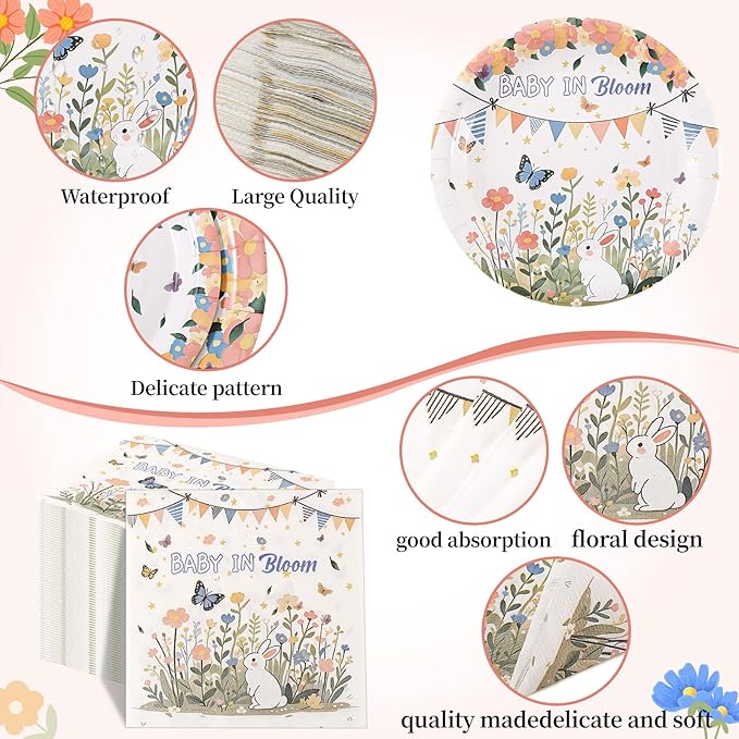 250 PCS Baby in Bloom Baby Shower Decorations Plate Set, Wildflower Paper Plates Napkins and Cups for Birthday Garden Gender Revealing Party Serve 50 Guest