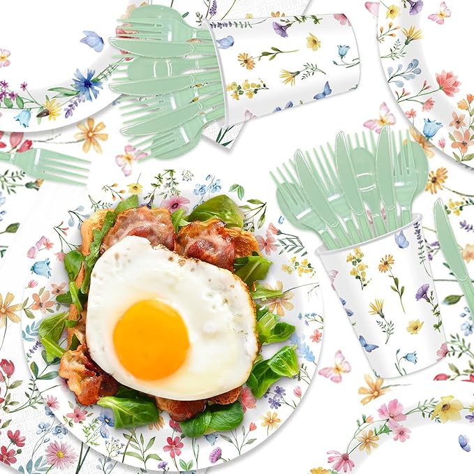 141Pcs Wildflower Party Decorations Spring Floral Birthday Decorations for 20 Guests - Tableware Plates and Napkins Forks Cups Straws Tablecloch for Baby Shower Party Decorations