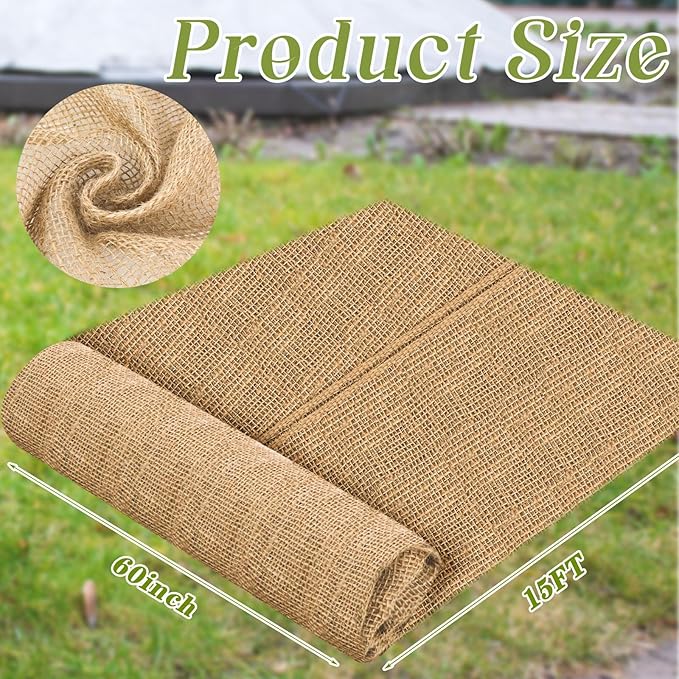 Buryeah 60 Inch x 15 ft Burlap Fabrics Roll Natural Jute Burlap Tree Wraps Protector Winter Frost Plant Blankets Cloth Weed Barrier Fabric Garden Plants for Winter Outdoor Trees Shrubs Party