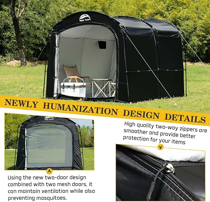 Happy Travel Bike Storage Tent, Outdoor 8×7×6.3ft Large 2-in-1 Portable Shed More 30% Top Space W/Double Doors with Mesh, Outside Lawn Mower Shelter and Bicycle Cover for Patio Furniture, Garden Tools